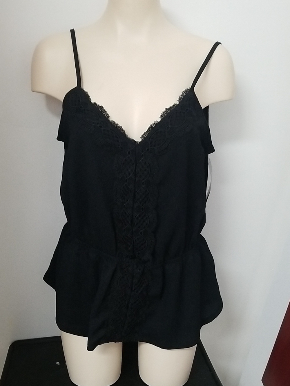 Black Lace-Detail Spaghetti Strap Peplum Cami